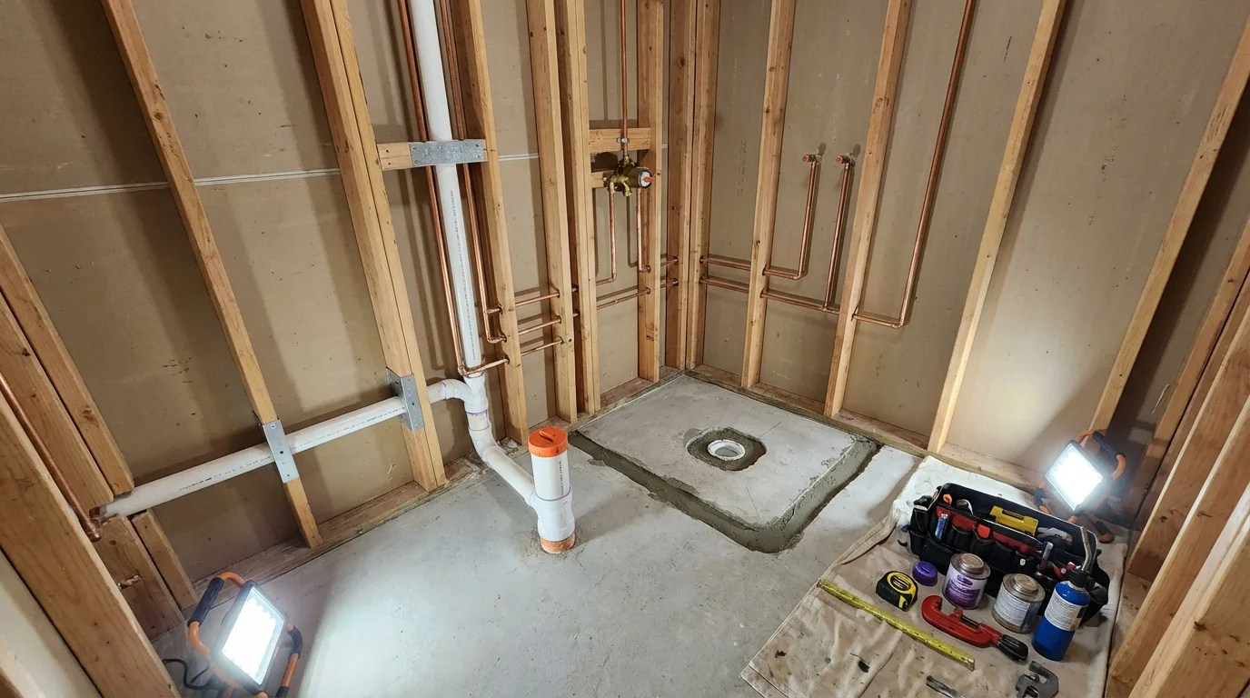 Bathroom rough-in plumbing during remodel by Johns Plumbing LLC in Corona