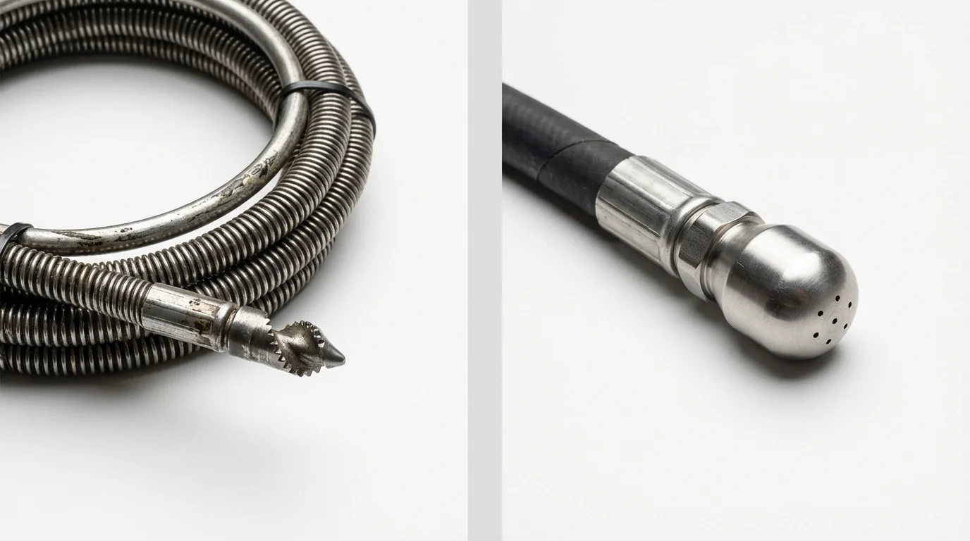 Drain snake cable and hydro jetting nozzle used for drain cleaning in Corona, CA