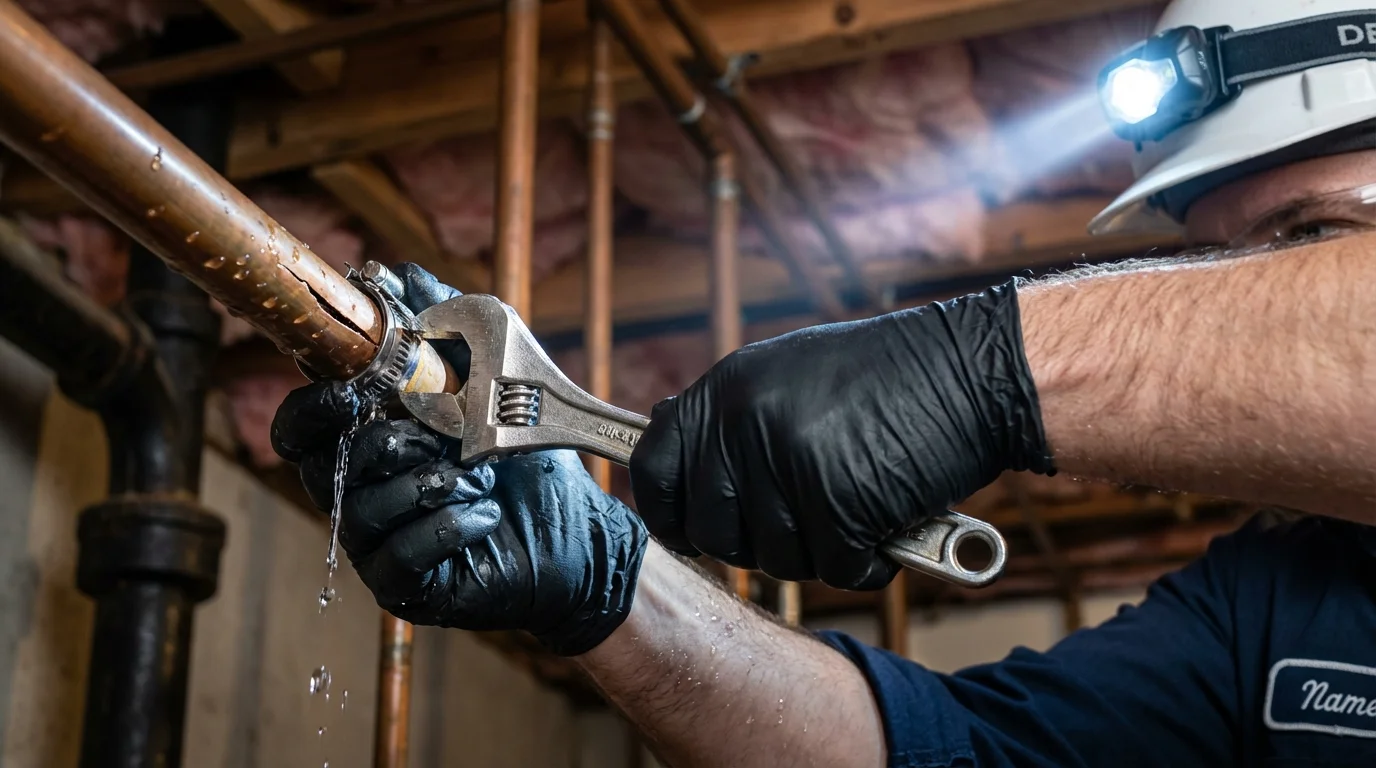 Emergency pipe clamp repair being performed by a Johns Plumbing LLC plumber in Corona
