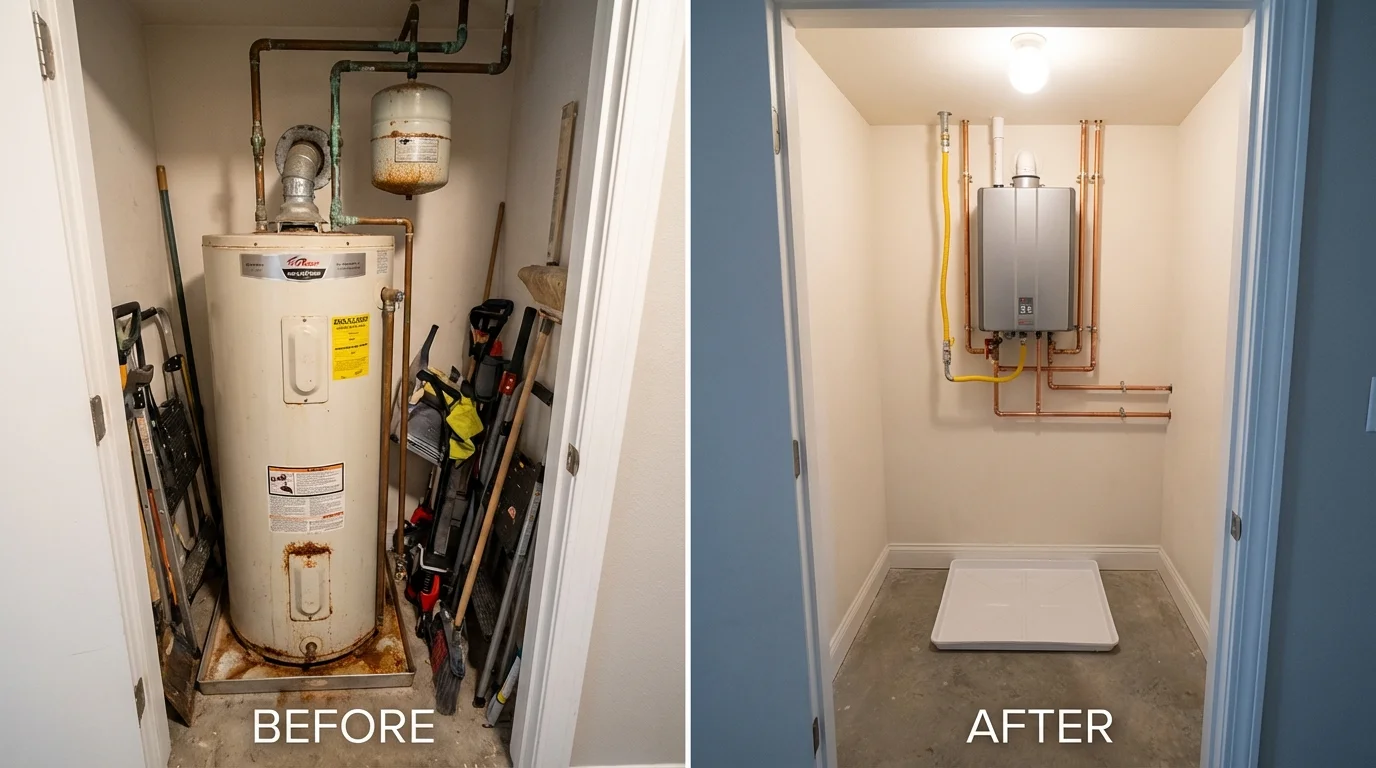Tank water heater versus wall-mounted tankless unit comparison for Corona, CA homeowners