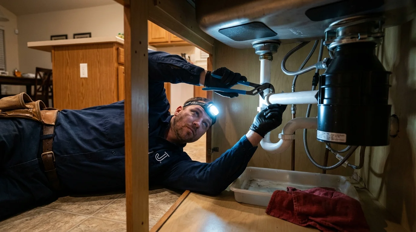 P-trap and supply line connections under a kitchen sink showing a common leak point in Corona, CA